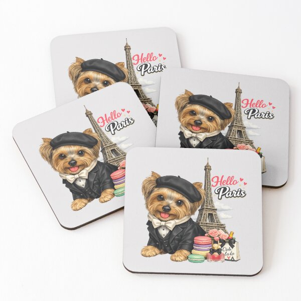 Item preview, Hello Paris Cute Yorkie Dog With Macarons Art designed and sold by Yorkie Magic Studio .