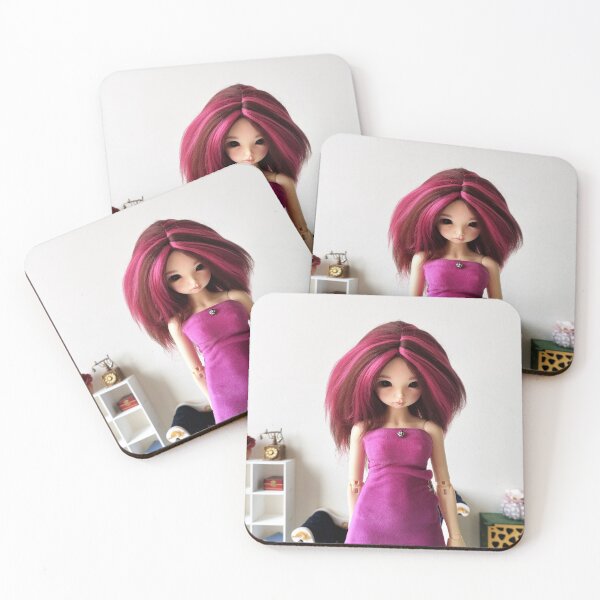 Item preview, Doll with pink red brown wig and pink dress portrait and diorama background designed and sold by Lenasminiland.