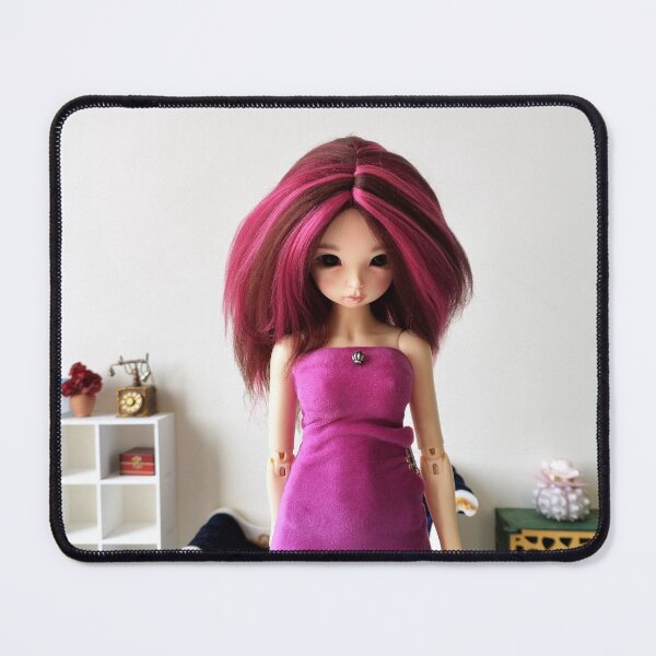 Item preview, Doll with pink red brown wig and pink dress portrait and diorama background designed and sold by Lenasminiland.