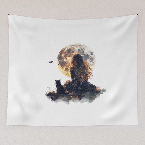 Item preview, Mystical Witch with Black Cat Under Full Moon designed and sold by HUTEND.