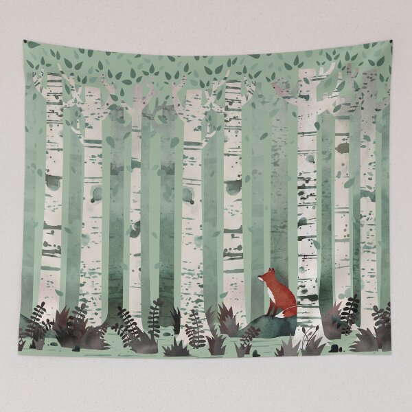 Aperçu de l'œuvre The Birches : Fox in the Woods (Version vert sauge) créée et vendue par littleclyde.