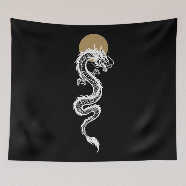 Item preview, Japanese White Dragon Art Print | Dark Asian Dragon Design | Black and Gold Fantasy designed and sold by MonNoir.