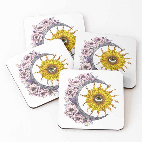 Item preview, Sunflower Sun and Crystal Poppy flower Moon Magical Boho Illustration designed and sold by GalaxyGoals.