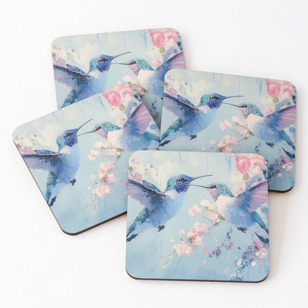 Item preview, Pair of Hummingbirds Art, Soft Pastel Aqua Lavender Floral Print designed and sold by daila70.