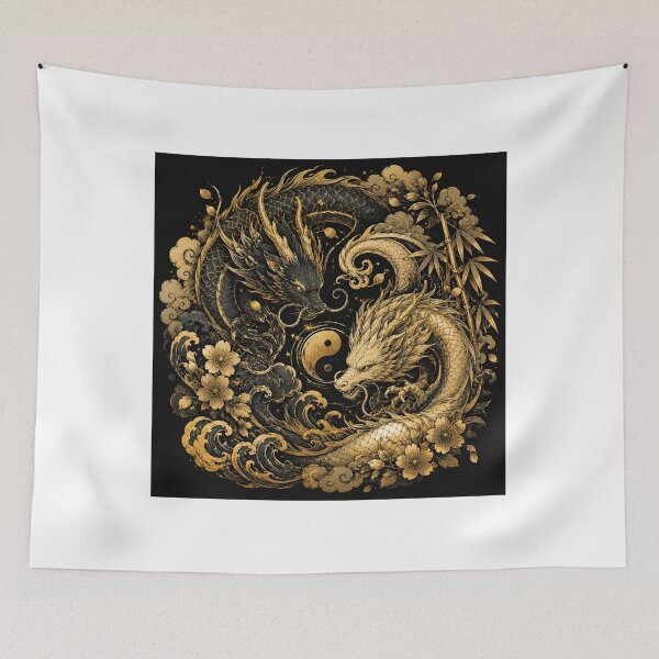 Item preview, Luxury Gold & Black Neo Japanese Dragon Tattoo – Yin Yang Fantasy Art designed and sold by MarekoraStudio.