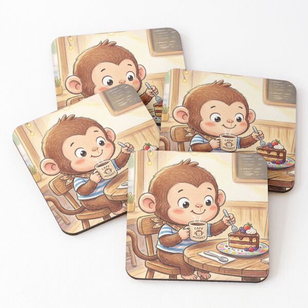 Item preview, Cozy Cafe Monkey Illustration | Cute Teatime Wall Art designed and sold by TaiwanMemory.
