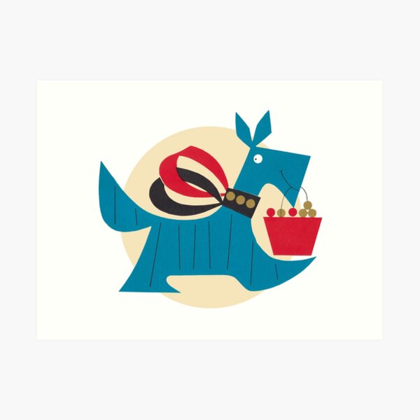 Vintage Scottie Dog Retro Scottish Terrier Puppy Aqua Turquoise & Red Art Print