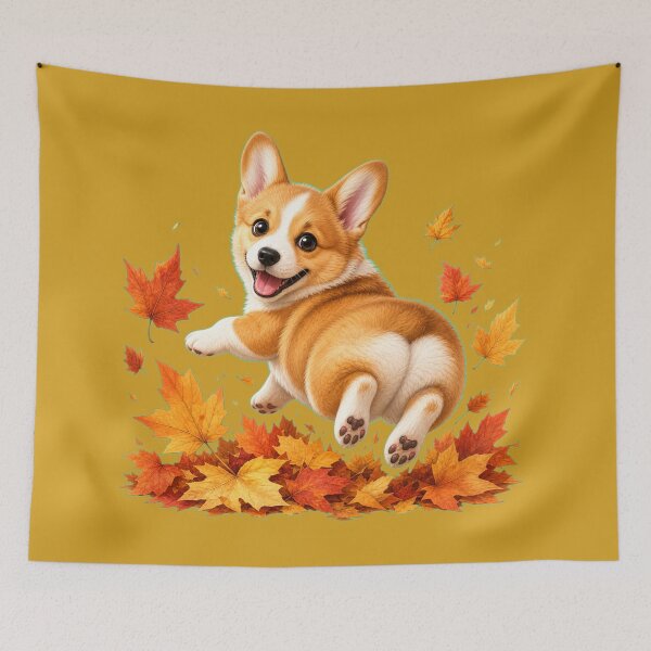 Item preview, Playful Corgi Puppy in Autumn Leaves designed and sold by DarVibe Designs.