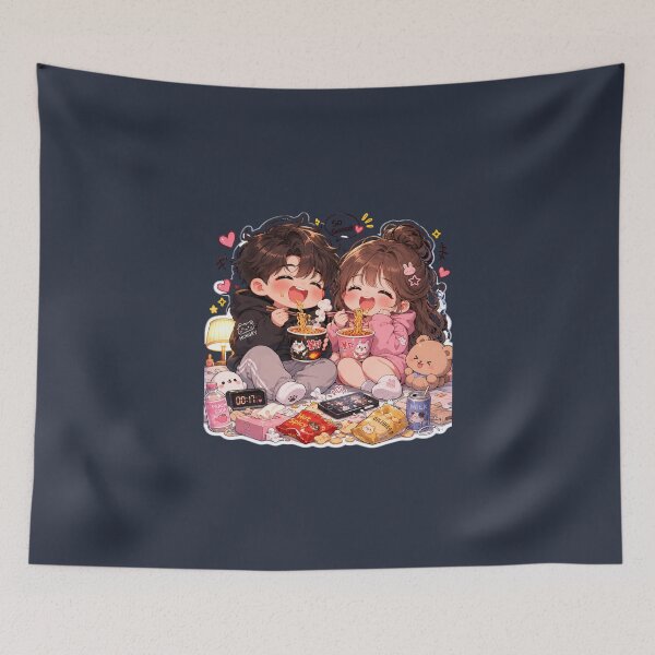 Item preview, Cute Chubby Chibi Couple Eating Instant Noodles at Midnight | Cozy Anime Sticker Design designed and sold by J&J's Creation.