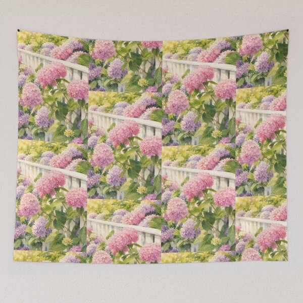 Item preview, Hydrangeas of Edgartown III Daydream - Pink & Purple Ombre Blooms Against a White Fence designed and sold by Loveisthebtwd.