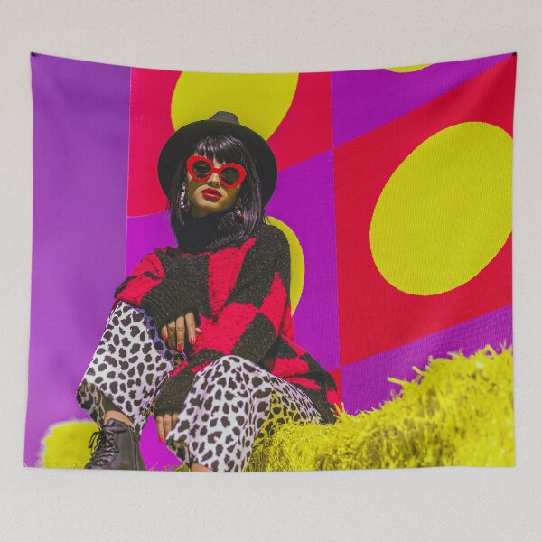 Item preview, Bold Retro Fashion Model in Red Sunglasses and Pop Art Setting designed and sold by AI-lineDesign.