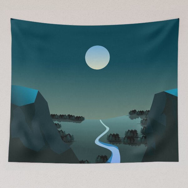 Item preview, Mystic Gorge at Night Landscape Art Print, Dark Teal Mountain Wall Art, Modern Geometric Nature Decor, Moonlit Valley Poster designed and sold by Digital Vector GB.