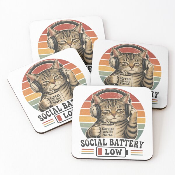 Item preview, Social Battery Low Cat with Coffee and Headphones Vintage Retro Funny Introvert Gift designed and sold by Zenvique Art.