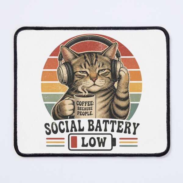 Item preview, Social Battery Low Cat with Coffee and Headphones Vintage Retro Funny Introvert Gift designed and sold by Zenvique Art.