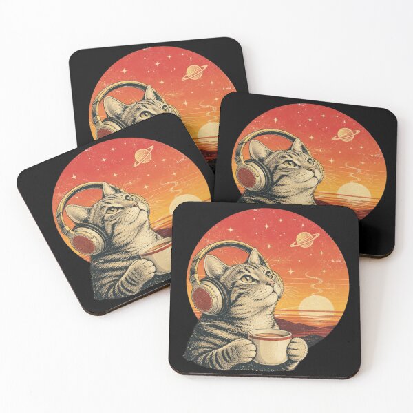 Item preview, Dreamy Coffee Cat with Headphones Retro Space Sunset Design designed and sold by Zenvique Art.