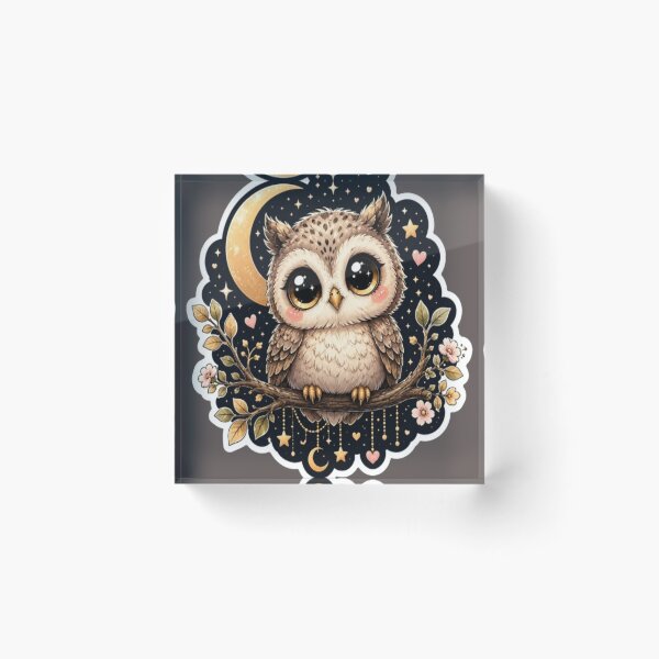 Item preview, Cute Baby Owl Under Moon Sticker | Kawaii Night Owl with Big Eyes designed and sold by GRYFFWEAR.