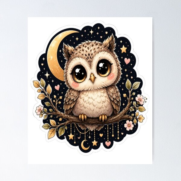 Item preview, Cute Baby Owl Under Moon Sticker | Kawaii Night Owl with Big Eyes designed and sold by GRYFFWEAR.