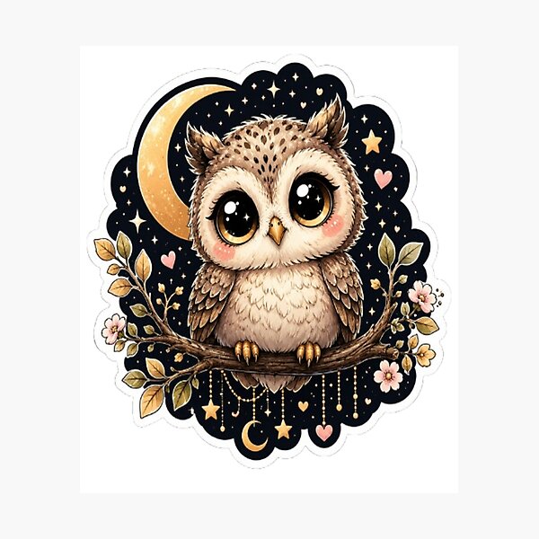 Item preview, Cute Baby Owl Under Moon Sticker | Kawaii Night Owl with Big Eyes designed and sold by GRYFFWEAR.