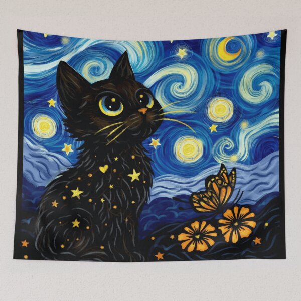 Item preview, Starry Night Cat Vincent Van Gogh Style Black Cat Lover Gift designed and sold by Thread&Fable.