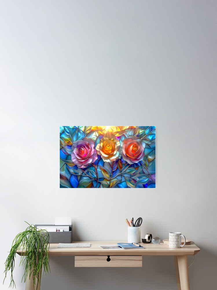 Thumbnail 2 of 3, Poster, Colorful Roses Stained Glass Art designed and sold by MargaretWiktor.