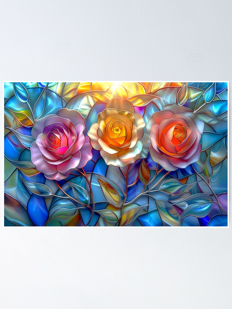 Thumbnail 1 of 3, Poster, Colorful Roses Stained Glass Art designed and sold by MargaretWiktor.