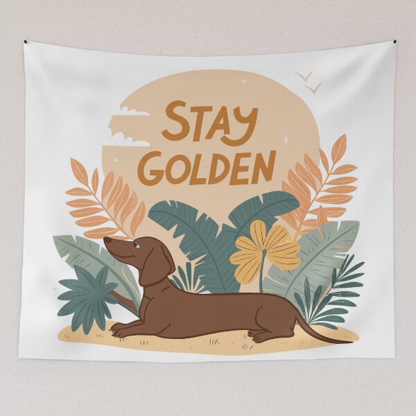 Item preview, Stay Golden Retro Dachshund Design with Tropical Leaves and Sunset Background designed and sold by Ahmed-khafagy.