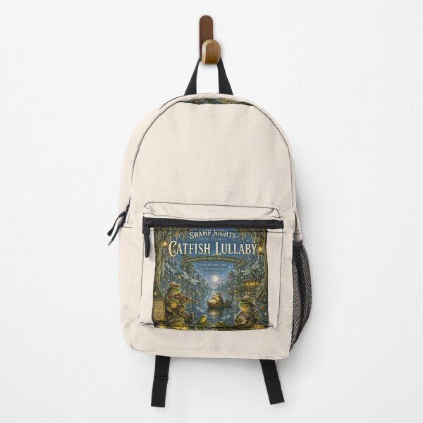 Item preview, Catfish Lullaby Midnight with Frogs and Dragonflies Swamp Fantasy Art Print designed and sold by Novel Works Studio.