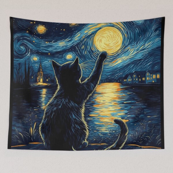 Item preview, Starry Night Cat Vincent Van Gogh Style Black Cat Lover Gift designed and sold by Thread&Fable.