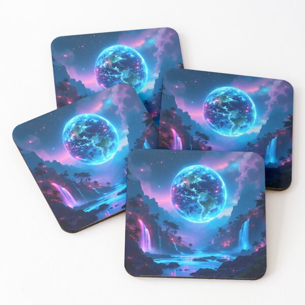Item preview, Cosmic Earth Fantasy Landscape Art | Neon Galaxy Waterfall Wallpaper designed and sold by DreamyWallVibes.