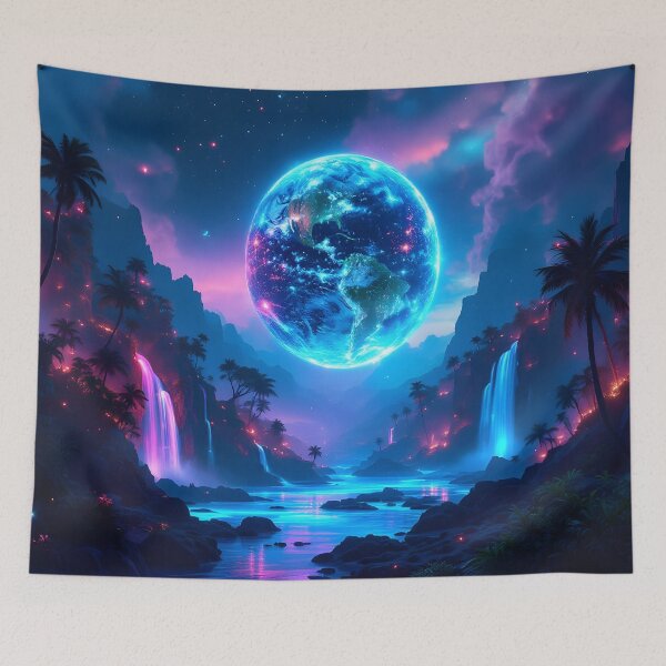 Artikelvorschau, Kosmische Erd-Fantasylandschaftskunst | Neon-Galaxie-Wasserfall-Hintergrundbild entworfen und verkauft von DreamyWallVibes.