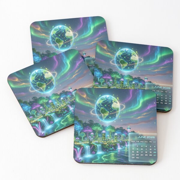 Item preview, Fantasy Earth Aurora Calendar Art Print | Neon Eco Sci-Fi Dreamscape Wallpaper designed and sold by DreamyWallVibes.