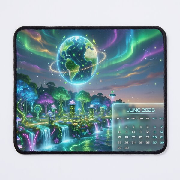 Item preview, Fantasy Earth Aurora Calendar Art Print | Neon Eco Sci-Fi Dreamscape Wallpaper designed and sold by DreamyWallVibes.