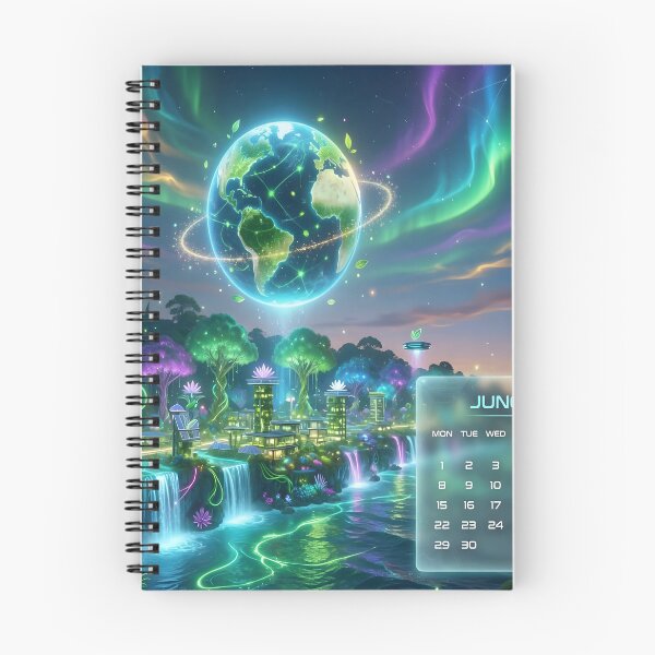 Item preview, Fantasy Earth Aurora Calendar Art Print | Neon Eco Sci-Fi Dreamscape Wallpaper designed and sold by DreamyWallVibes.