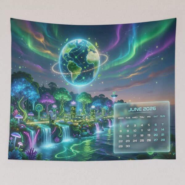 Item preview, Fantasy Earth Aurora Calendar Art Print | Neon Eco Sci-Fi Dreamscape Wallpaper designed and sold by DreamyWallVibes.