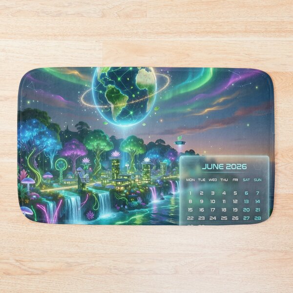 Item preview, Fantasy Earth Aurora Calendar Art Print | Neon Eco Sci-Fi Dreamscape Wallpaper designed and sold by DreamyWallVibes.