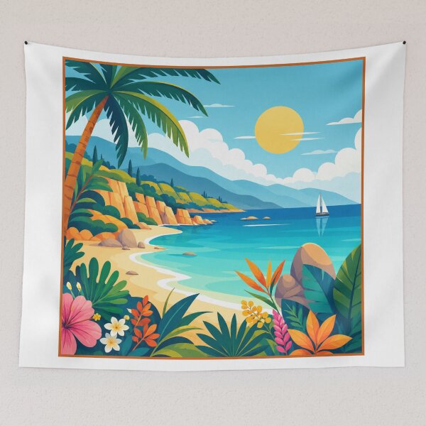 Item preview, Tropical Beach Paradise Coastal Landscape Illustration designed and sold by PixelParinda.