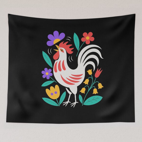 Item preview, Vintage Folk Art Rooster Floral Backyard Chicken designed and sold by AntiqueImages.