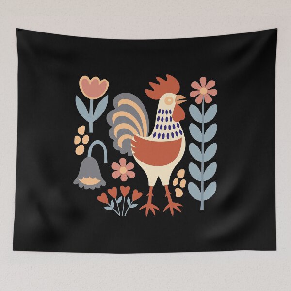 Item preview, Vintage Folk Art Rooster Floral Backyard Chicken designed and sold by AntiqueImages.
