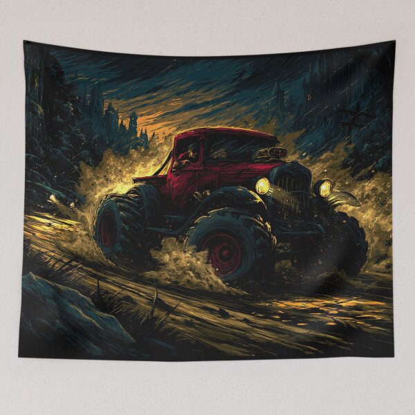 Item preview, Red Truck with Glowing Lights in Dark Woods designed and sold by Piotrek0001.