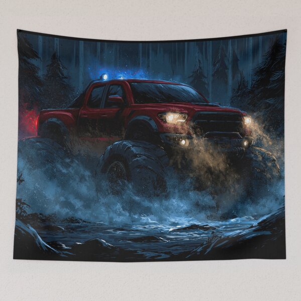 Item preview, Red Truck Splashing Water in Dark Night  designed and sold by Piotrek0001.