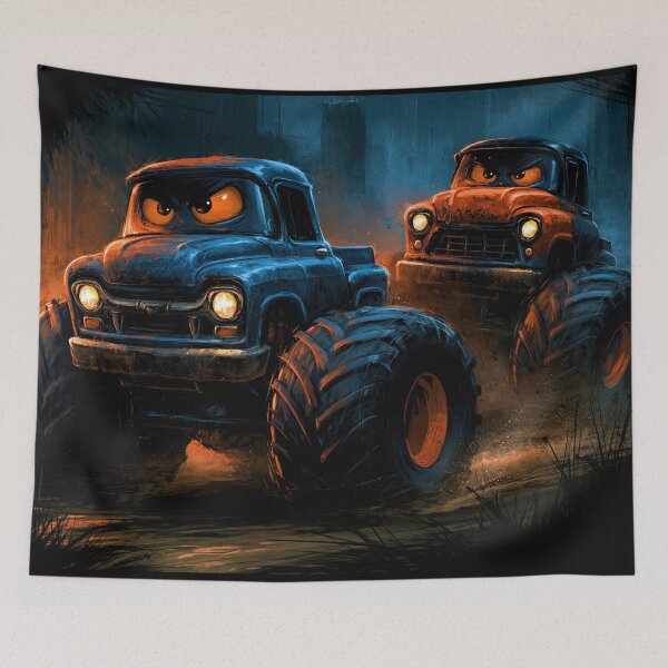 Item preview, Two Blue Trucks in Golden Night Fog designed and sold by Piotrek0001.
