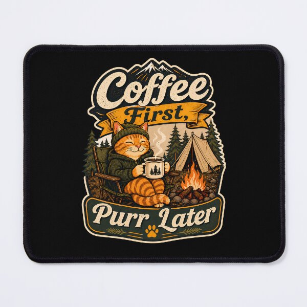 Item preview, Coffee First Purr Later Camping Cat designed and sold by MonLeo Studio.