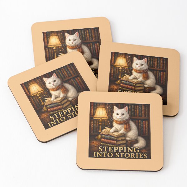 Item preview, Stepping Into Stories – White Cat Cozy Library Art designed and sold by Novel Works Studio.