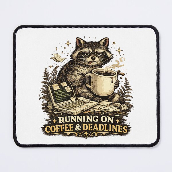 Item preview, Running On Coffee And Deadlines Raccoon T-Shirt designed and sold by NeonVoid Studio.