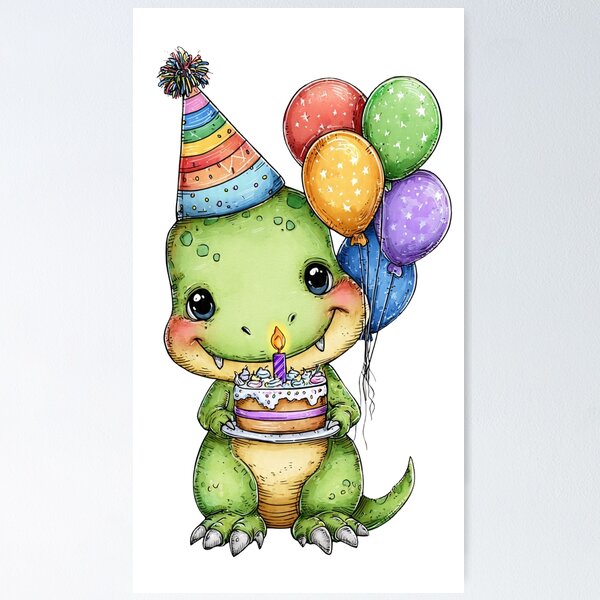 Item preview, Cute Baby T-Rex with Rainbow Party Hat and Birthday Cake designed and sold by Tronstell.