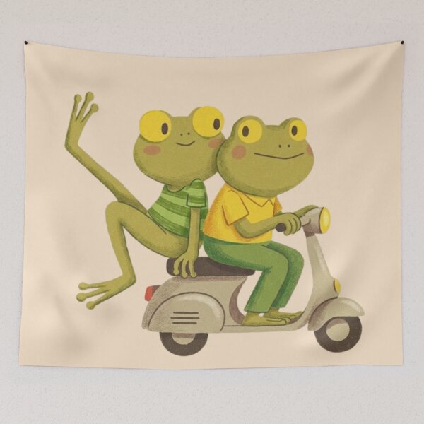 Item preview, two cartoon frogs riding a beige scooter designed and sold by 123ks.