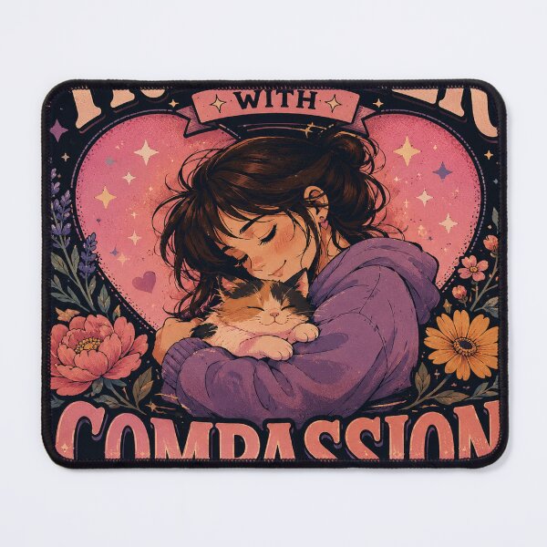 Item preview, Treat Her With Compassion – Vintage Anime Cozy Cat Graphic Tee designed and sold by Dusk & Dawn Apparel.