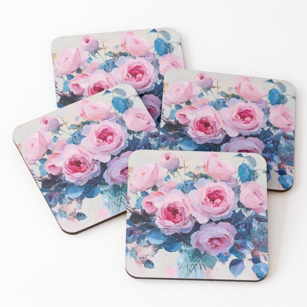 Item preview, Pink Roses Bouquet Art, Vivid Pink Blue Foliage Floral Illustration designed and sold by daila70.