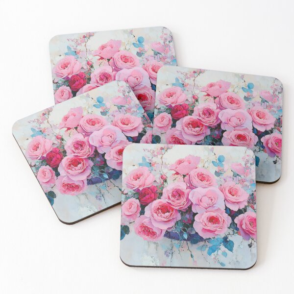 Item preview, Bold Pink Roses Art, Expressive Blue Teal Foliage Floral Print designed and sold by daila70.