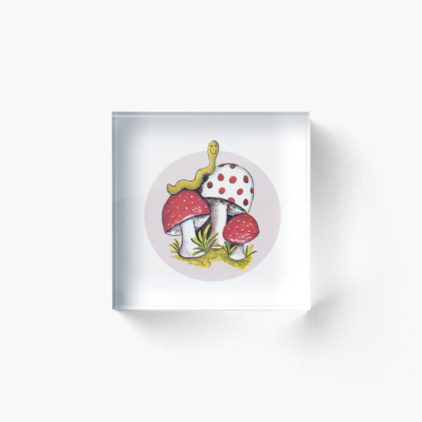 Vintage Magic Mushrooms w/ Worm Retro Design Acrylic Block